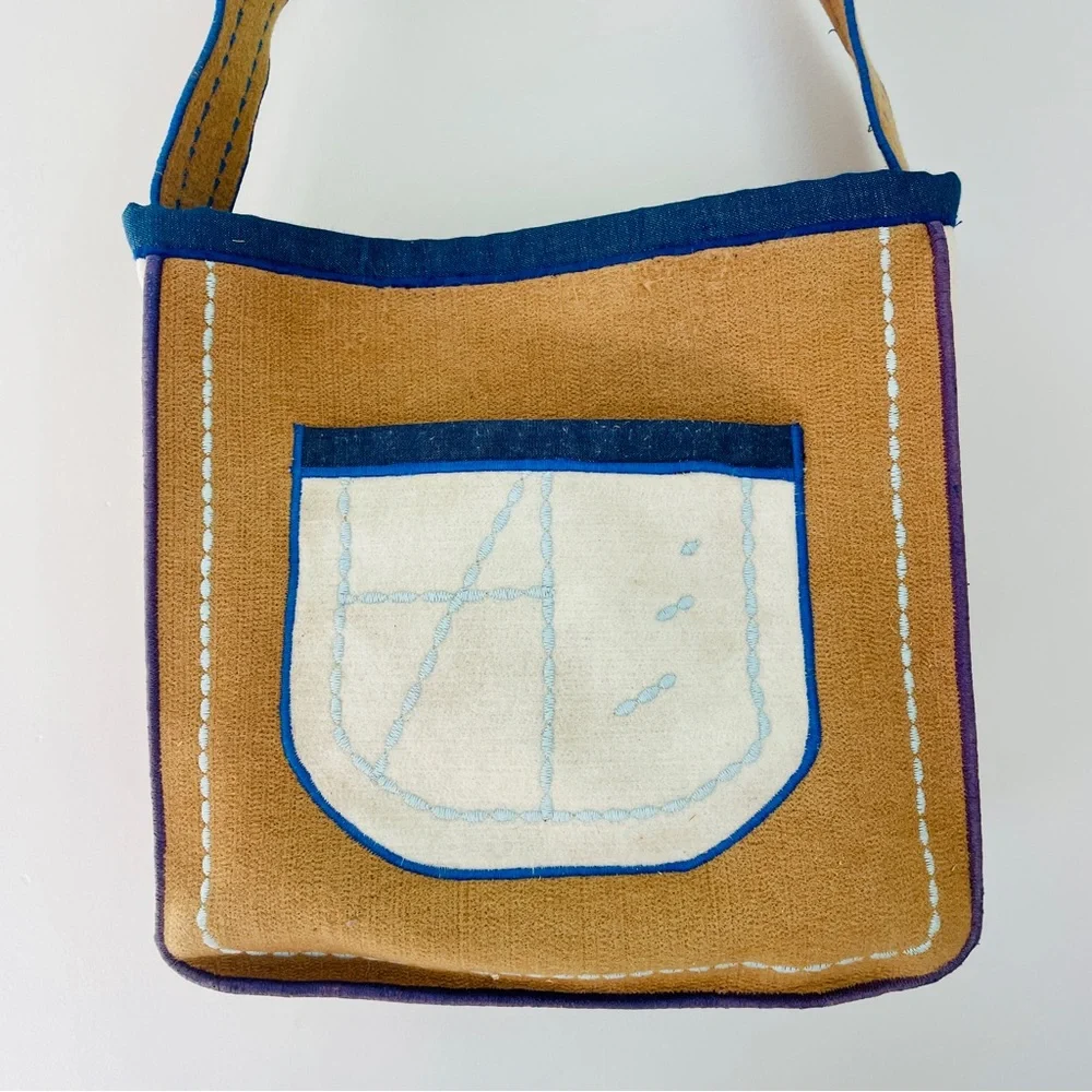 Elegant Tan and Blue Women's Felt Tote Bag Embroidered